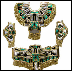 Traje de azteca o conchero en tela metálica color verde con plateado dorado y negro.